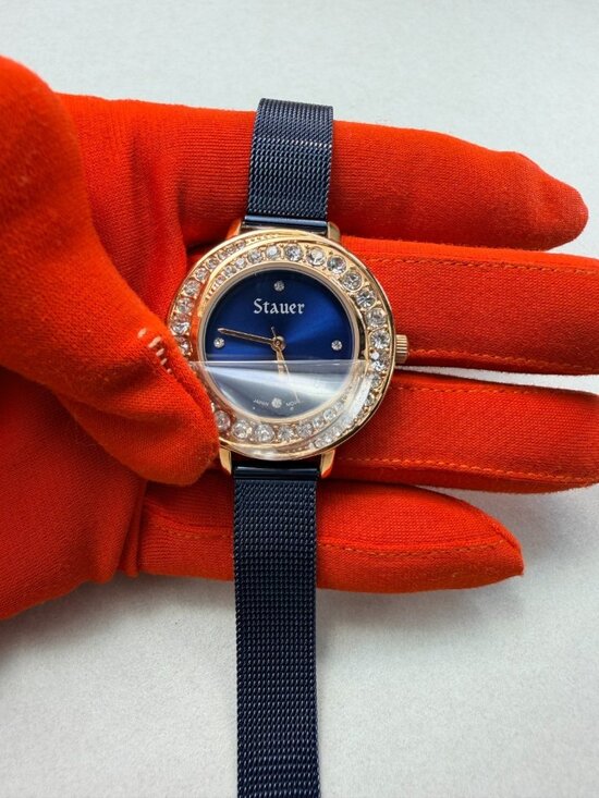 Stauer Crystal Bezel Blue Dial Ladies Watch Mesh Band Quartz